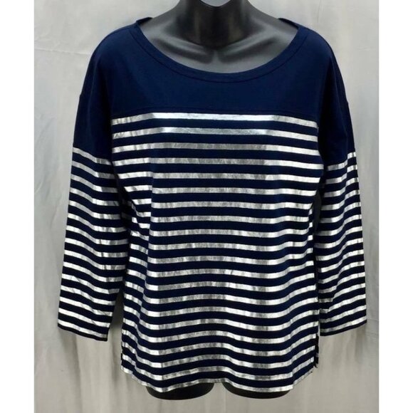 J CREW Top Small 4 6 Black Silver Stripe Pullover Scoop Neck 3/4 Sleeve 1249 - Picture 1 of 7